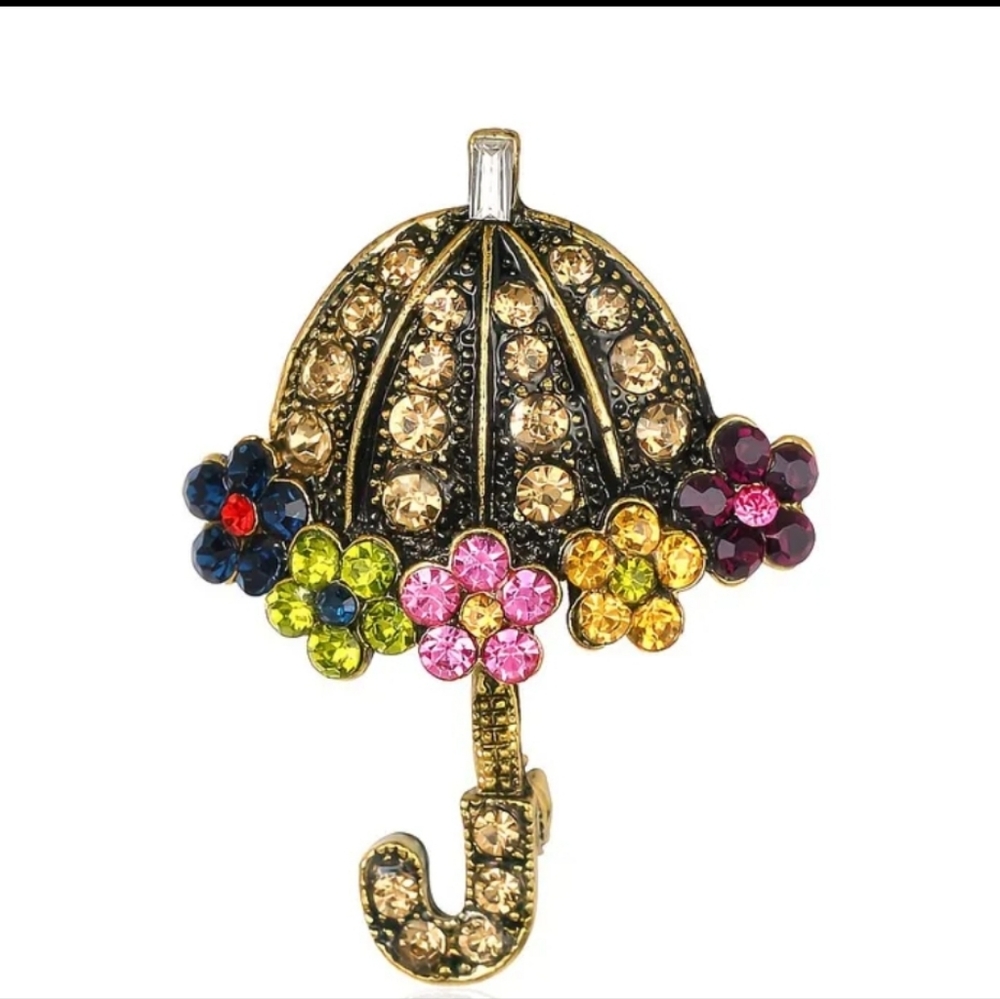 🆕️☂️ SMALL RHINESTONED UMBRELLA BROOCH / PIN - ANTIQUED GOLD-TONE ☂️